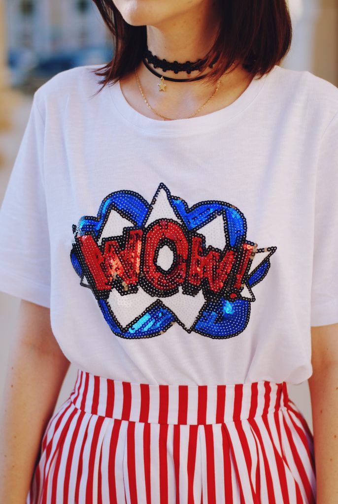 Striped midi skirt, red sunglasses, furla mini crossbody bag, sequin tshirt, chocker, pom pom, white sneakers, cute summer outfit, Andreea Birsan