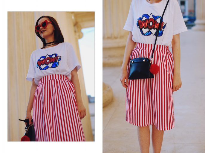 Striped midi skirt, red sunglasses, furla mini crossbody bag, sequin tshirt, chocker, pom pom, white sneakers, cute summer outfit, Andreea Birsan