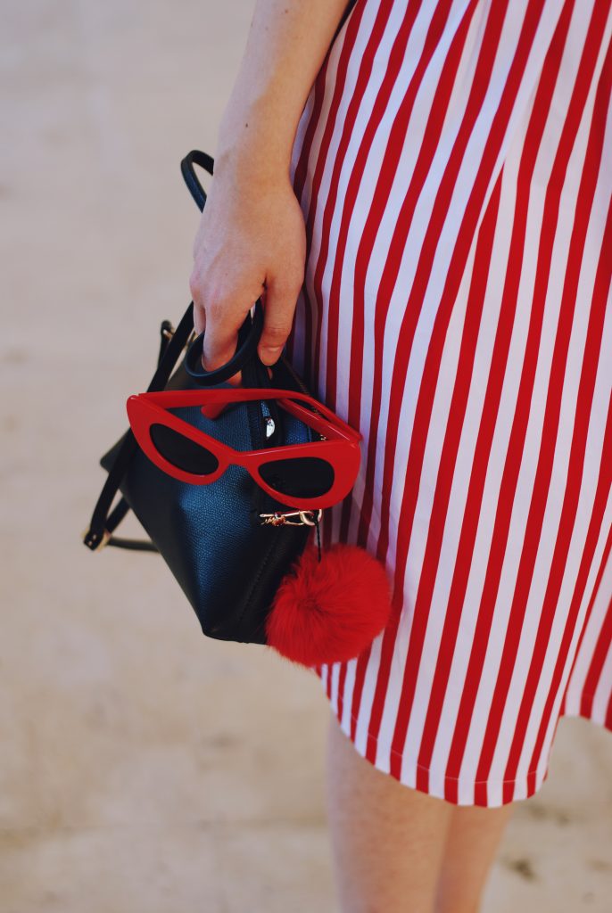 Striped midi skirt, red sunglasses, furla mini crossbody bag, sequin tshirt, chocker, pom pom, white sneakers, cute summer outfit, Andreea Birsan