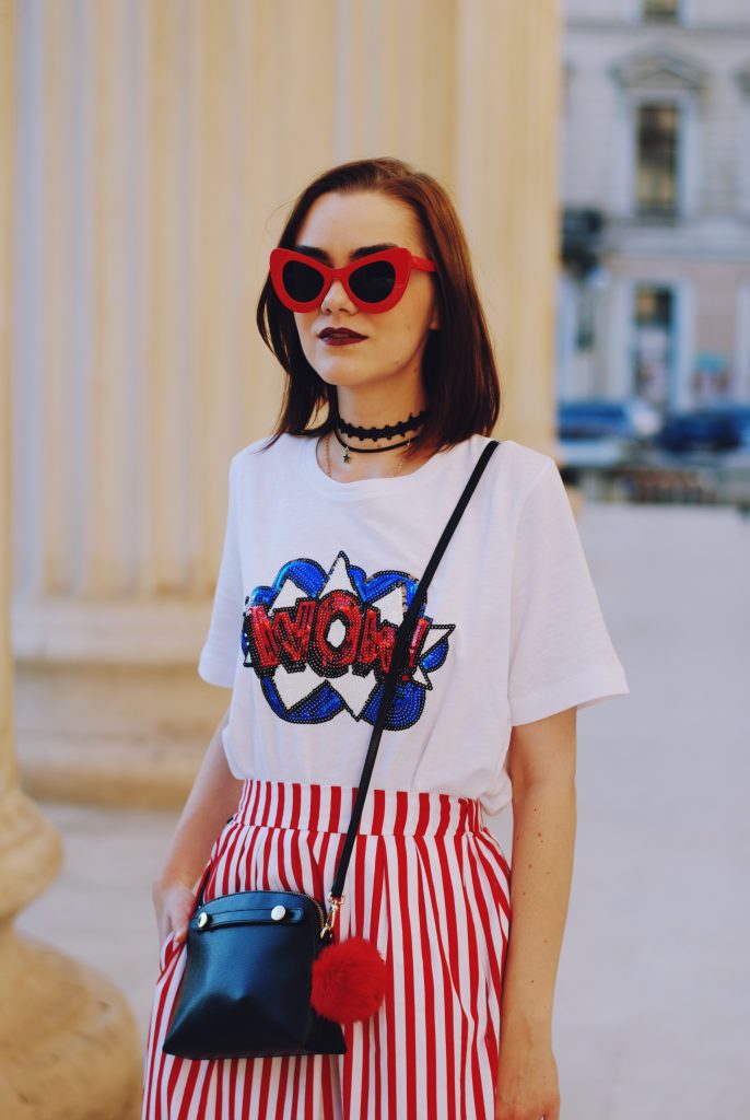 Striped midi skirt, red sunglasses, furla mini crossbody bag, sequin tshirt, chocker, pom pom, white sneakers, cute summer outfit, Andreea Birsan