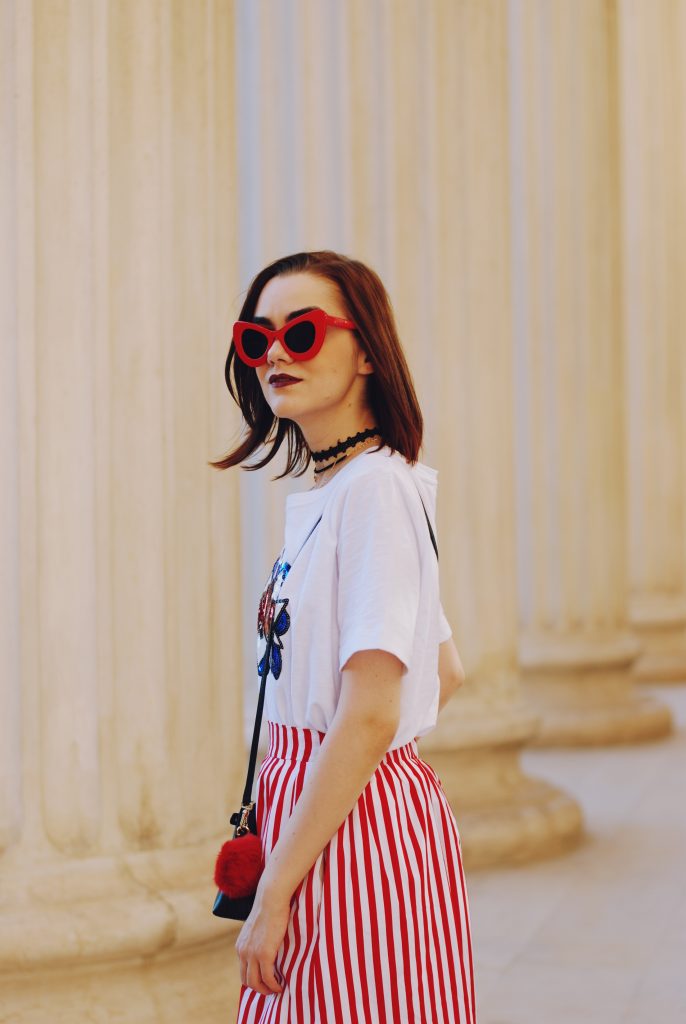 Striped midi skirt, red sunglasses, furla mini crossbody bag, sequin tshirt, chocker, pom pom, white sneakers, cute summer outfit, Andreea Birsan