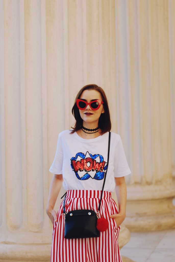 Striped midi skirt, red sunglasses, furla mini crossbody bag, sequin tshirt, chocker, pom pom, white sneakers, cute summer outfit, Andreea Birsan