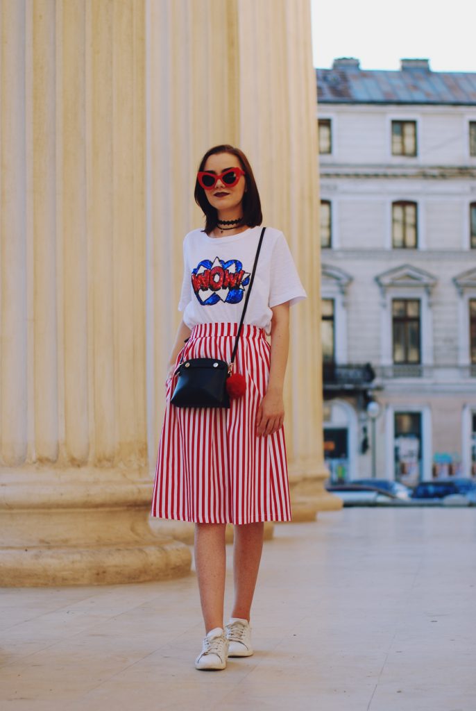 Striped midi skirt, red sunglasses, furla mini crossbody bag, sequin tshirt, chocker, pom pom, white sneakers, cute summer outfit, Andreea Birsan