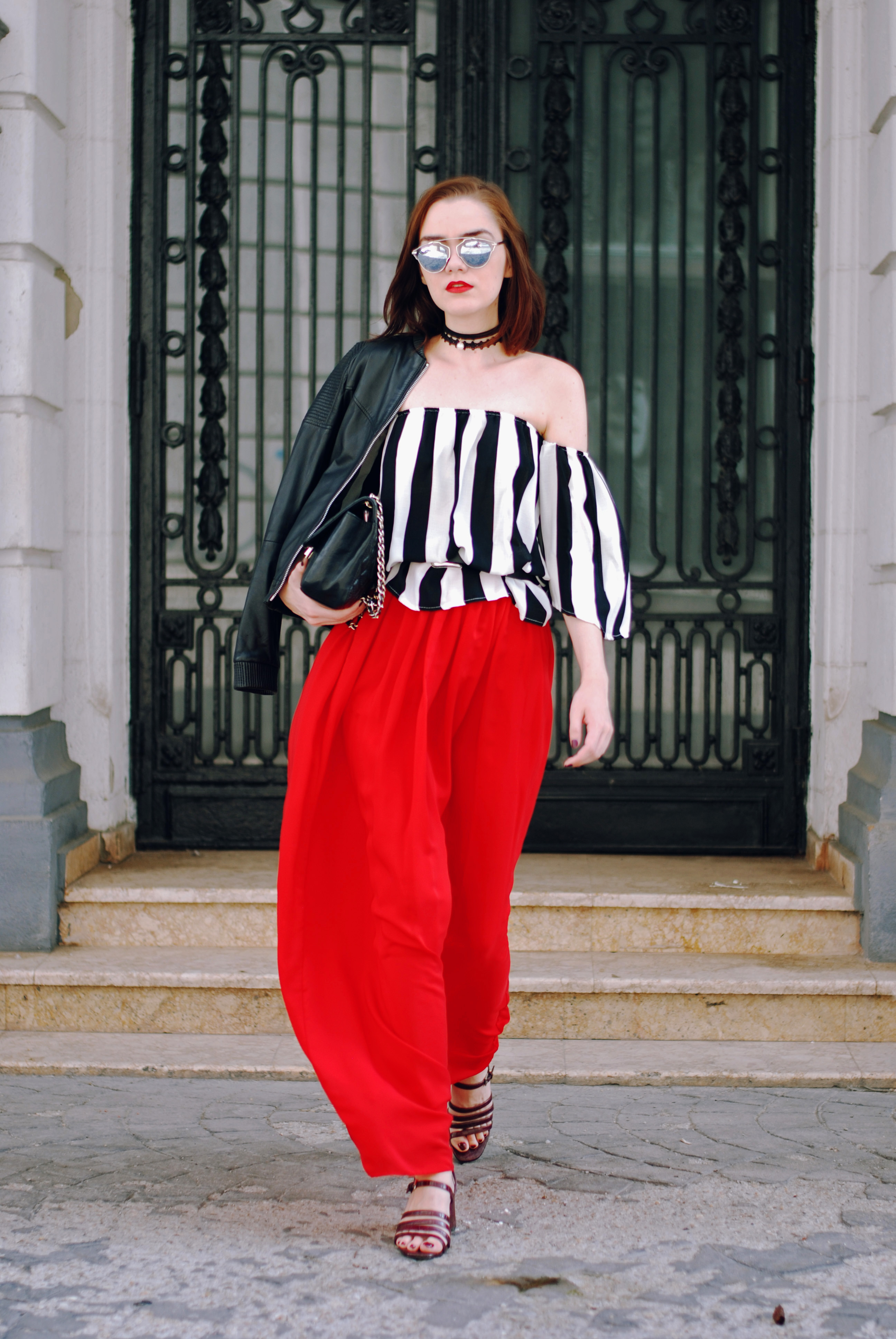 Sunglasses, striped off shoulder top, black leather jacket, red maxi skirt, strappy sandals, leather crossbody bag, chocker, cute summer outfit, Andreea Birsan