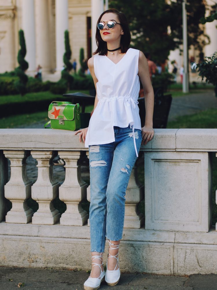 White assymetrical top, mom jeans, green crossbody bag, dior sunglasses, lace up white espadrilles, chocker, cute summer outfit, Andreea Birsan