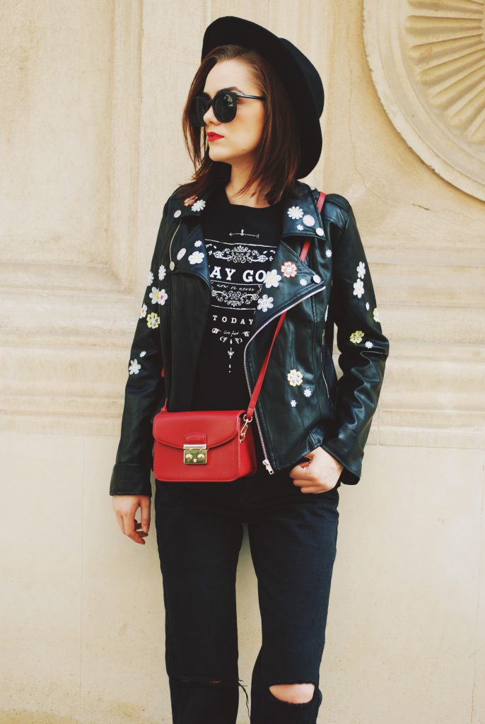 Black mom jeans, printed tshirt, embroidered leather jacket, fedora hat, sunglasses, red crossbody bag, glitter shoes, fall outfit idea, Andreea Birsan