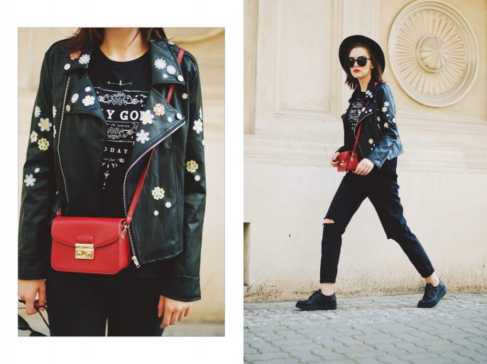 Black mom jeans, printed tshirt, embroidered leather jacket, fedora hat, sunglasses, red crossbody bag, glitter shoes, fall outfit idea, Andreea Birsan