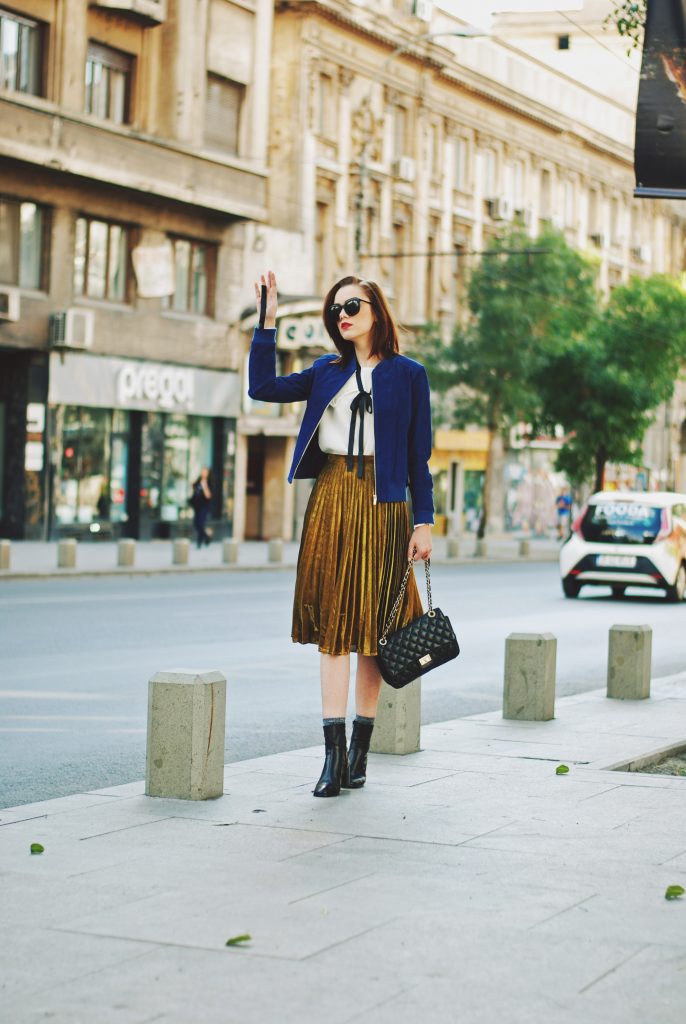 Blue suede jacket, ruffled top, gold metallic midi skirt, black crossbody bag, zara ankle boots, glitter socks, fall outfit idea, Andreea Birsan