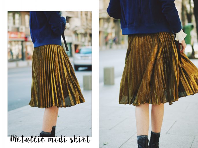 Blue suede jacket, ruffled top, gold metallic midi skirt, black crossbody bag, zara ankle boots, glitter socks, fall outfit idea, Andreea Birsan