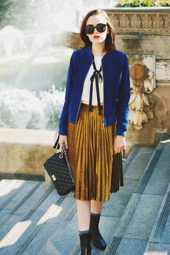 Blue suede jacket, ruffled top, gold metallic midi skirt, black crossbody bag, zara ankle boots, glitter socks, fall outfit idea, Andreea Birsan