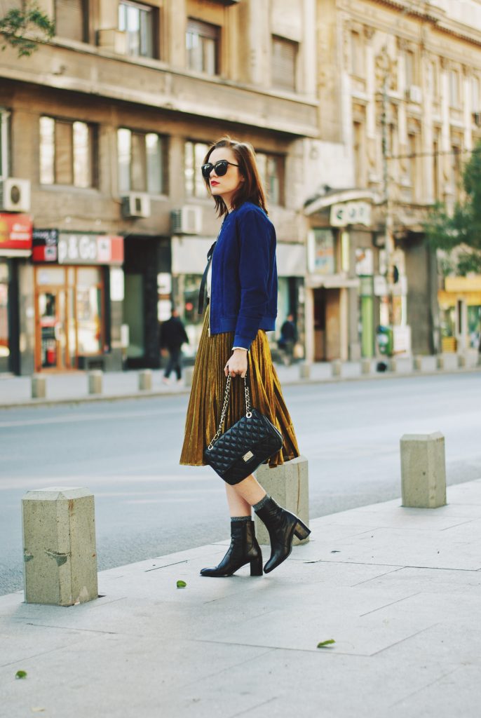 Blue suede jacket, ruffled top, gold metallic midi skirt, black crossbody bag, zara ankle boots, glitter socks, fall outfit idea, Andreea Birsan