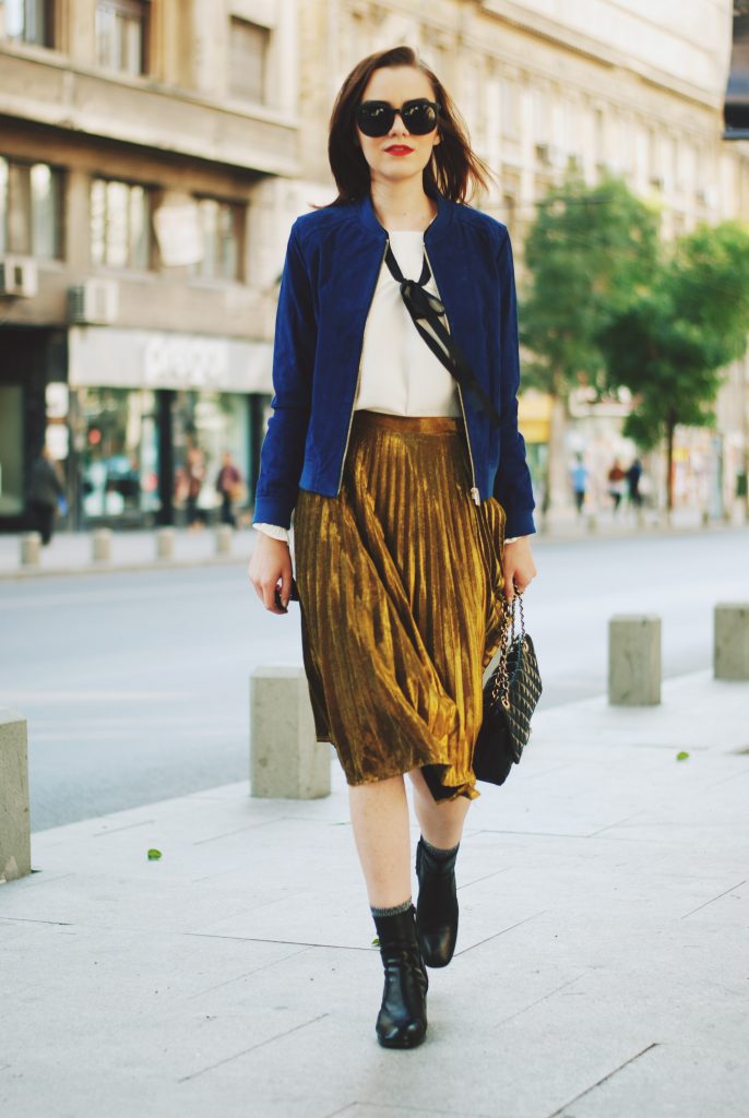 Blue suede jacket, ruffled top, gold metallic midi skirt, black crossbody bag, zara ankle boots, glitter socks, fall outfit idea, Andreea Birsan