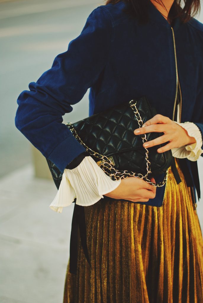 Blue suede jacket, ruffled top, gold metallic midi skirt, black crossbody bag, zara ankle boots, glitter socks, fall outfit idea, Andreea Birsan