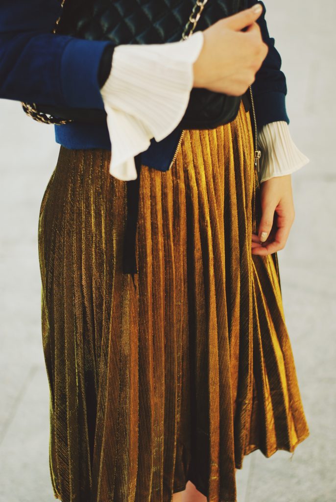 Blue suede jacket, ruffled top, gold metallic midi skirt, black crossbody bag, zara ankle boots, glitter socks, fall outfit idea, Andreea Birsan