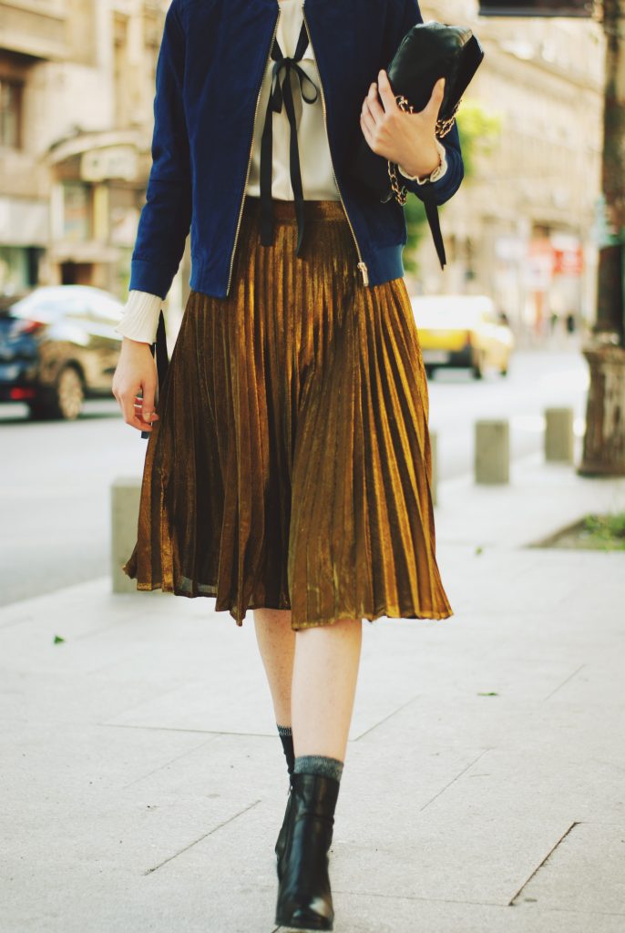 Blue suede jacket, ruffled top, gold metallic midi skirt, black crossbody bag, zara ankle boots, glitter socks, fall outfit idea, Andreea Birsan