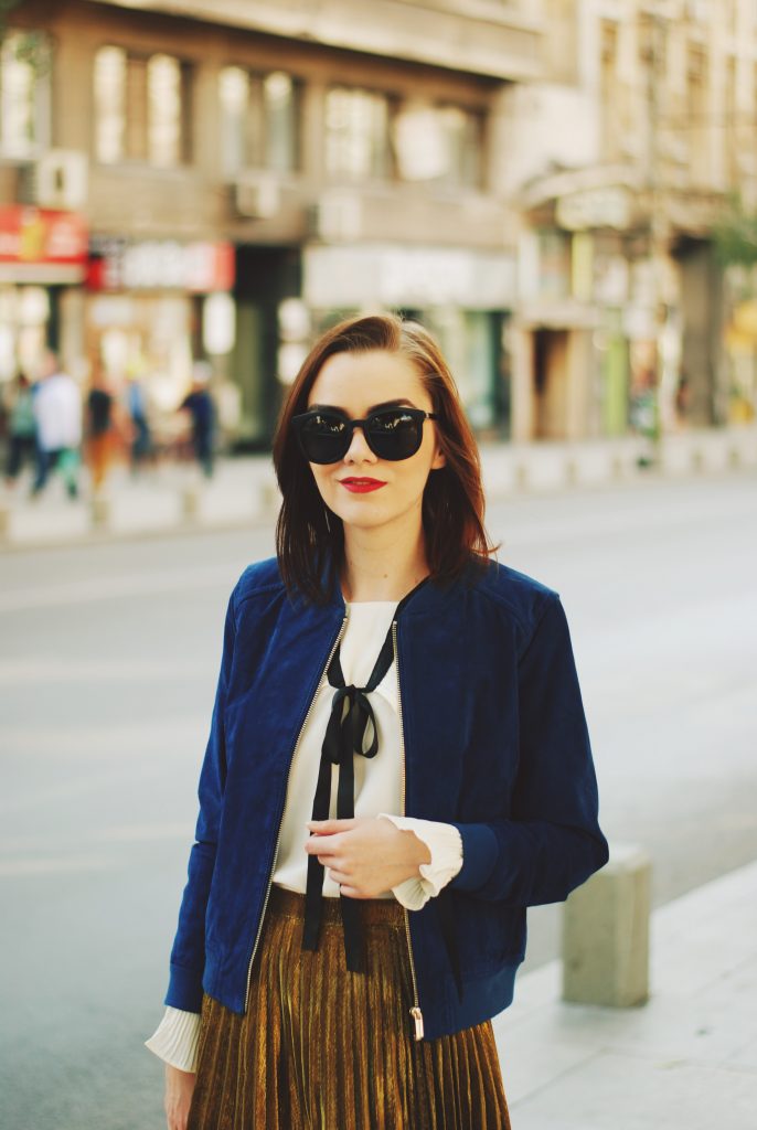 Blue suede jacket, ruffled top, gold metallic midi skirt, black crossbody bag, zara ankle boots, glitter socks, fall outfit idea, Andreea Birsan