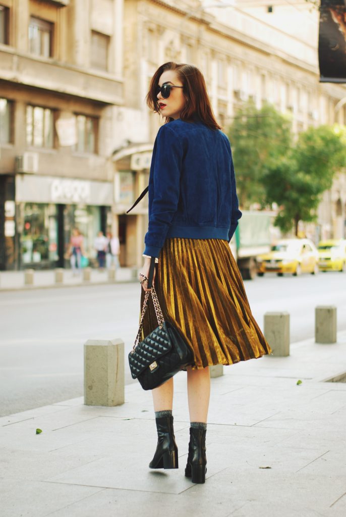 Blue suede jacket, ruffled top, gold metallic midi skirt, black crossbody bag, zara ankle boots, glitter socks, fall outfit idea, Andreea Birsan