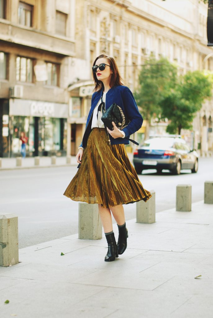 Blue suede jacket, ruffled top, gold metallic midi skirt, black crossbody bag, zara ankle boots, glitter socks, fall outfit idea, Andreea Birsan