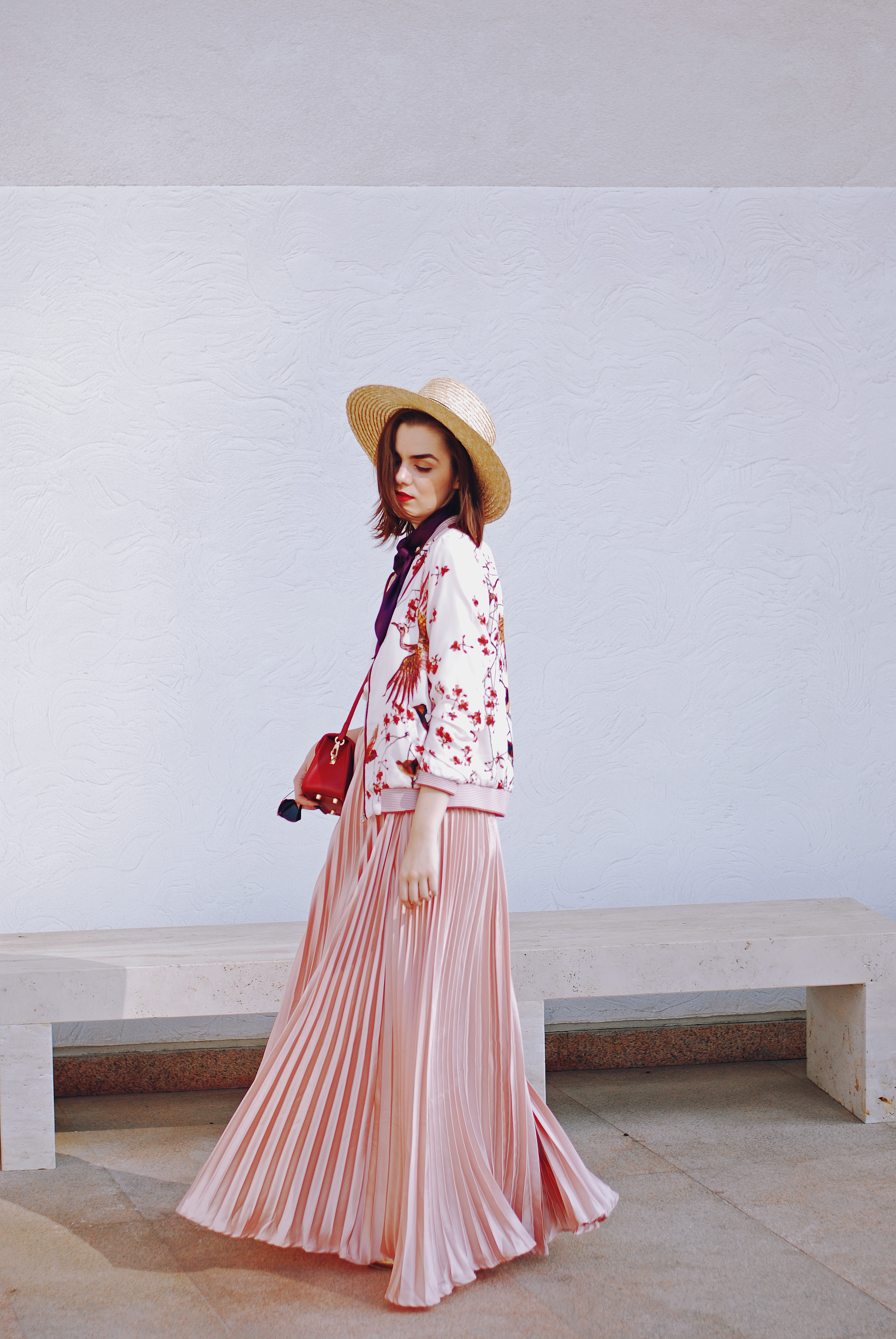 Bomber jacket, straw hat, scarf, red crossbody bag, dior sunglasses, pink maxi skirt, gold metallic shoes, white cami, pink fall outfit, Andreea Birsan