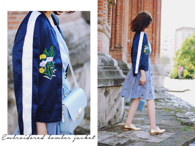 Embroidered bomber jacket, off shoulder top, baby blue crossbody bag, printed midi skirt, gold metallic shoes, sunglasses, fall outfit, Andreea Birsan