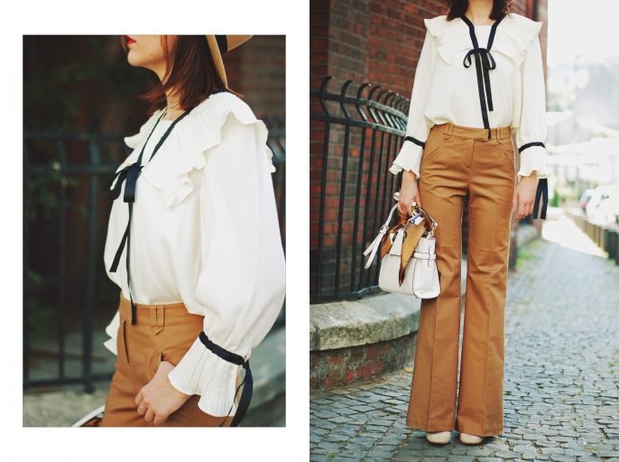 Camel fedora hat, camel flared pants trousers, ruffle top, scarf, white crossbody bag, beige pumps, dior sunglasses, cute autumn outfit idea, Andreea Birsan