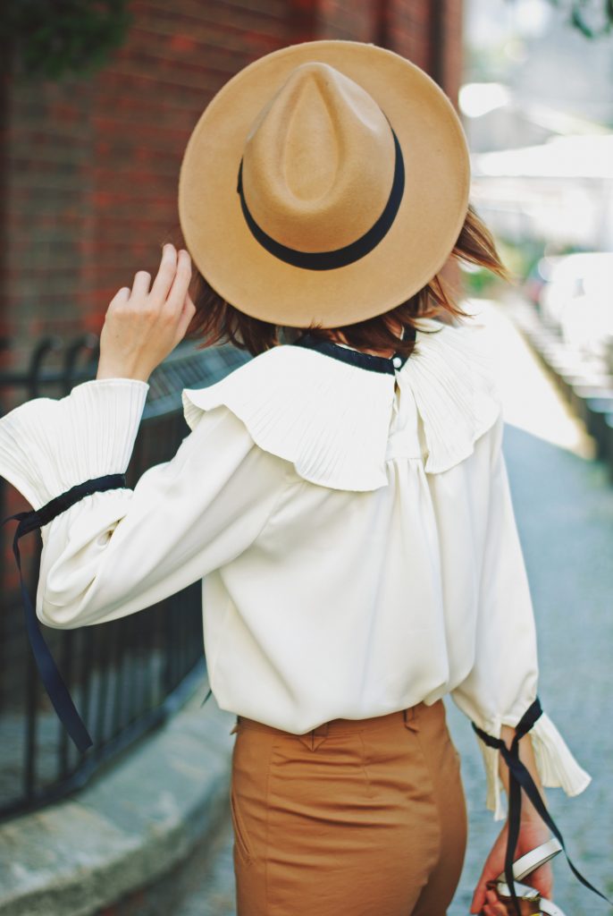 Camel fedora hat, camel flared pants trousers, ruffle top, scarf, white crossbody bag, beige pumps, dior sunglasses, cute autumn outfit idea, Andreea Birsan