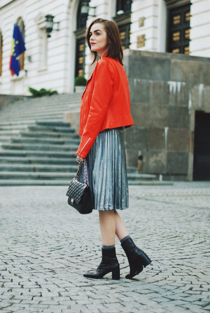 Orange leather jacket, gingham top, silver metallic midi skirt, zara ankle boots, crossbody bag, sunglasses, fall outfit idea, Andreea Birsan