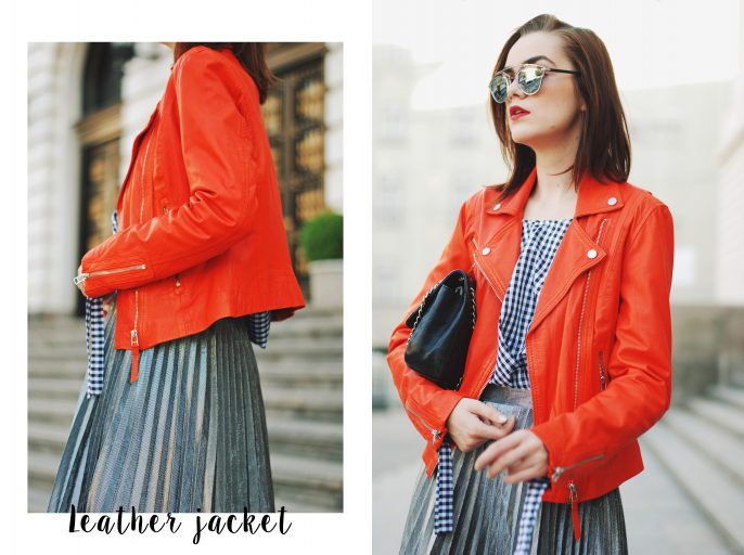 Orange leather jacket, gingham top, silver metallic midi skirt, zara ankle boots, crossbody bag, sunglasses, fall outfit idea, Andreea Birsan