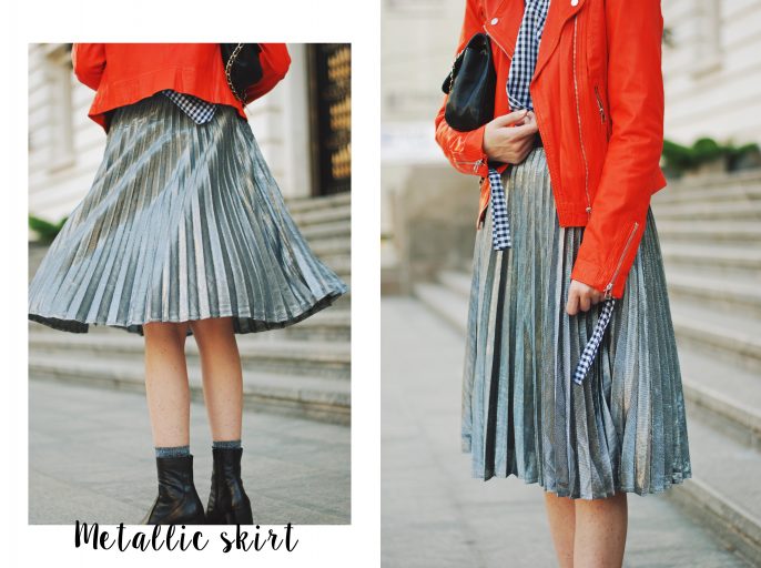 Orange leather jacket, gingham top, silver metallic midi skirt, zara ankle boots, crossbody bag, sunglasses, fall outfit idea, Andreea Birsan