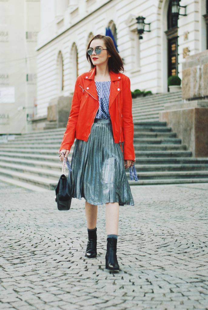 Orange leather jacket, gingham top, silver metallic midi skirt, zara ankle boots, crossbody bag, sunglasses, fall outfit idea, Andreea Birsan