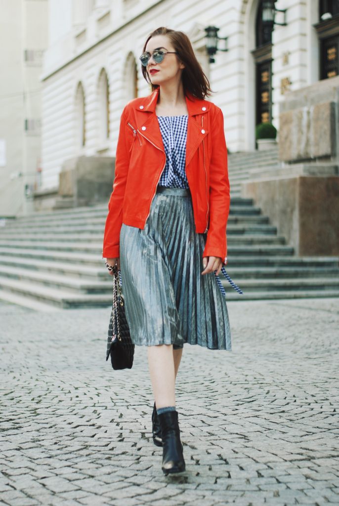 Orange leather jacket, gingham top, silver metallic midi skirt, zara ankle boots, crossbody bag, sunglasses, fall outfit idea, Andreea Birsan