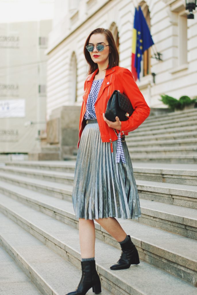 Orange leather jacket, gingham top, silver metallic midi skirt, zara ankle boots, crossbody bag, sunglasses, fall outfit idea, Andreea Birsan