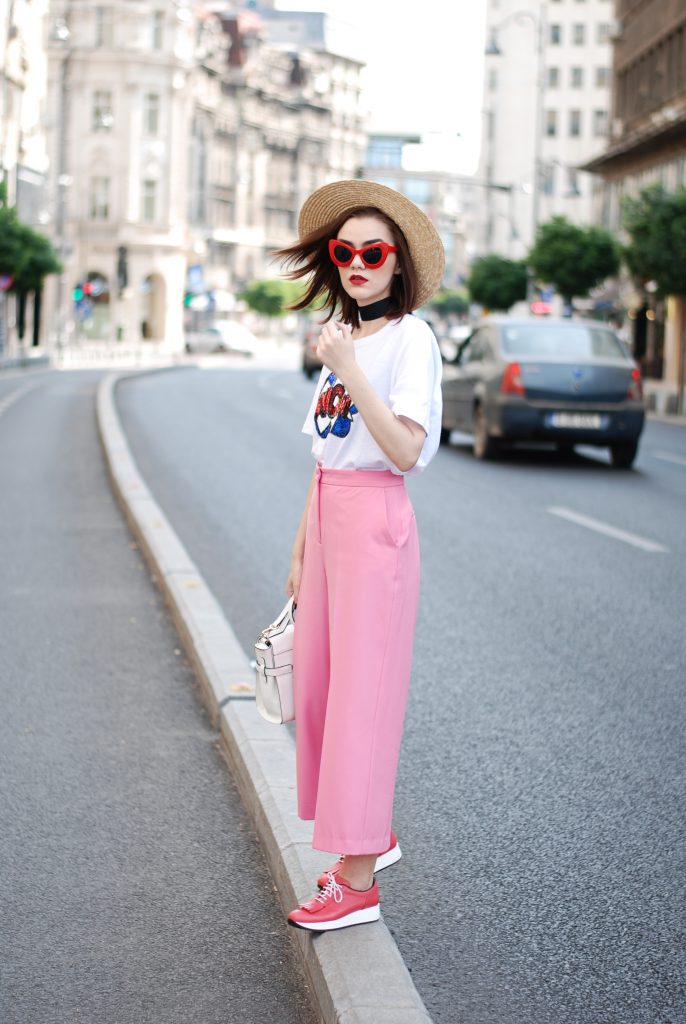 Zara pink palazzo pants, message tshirt, graphic t-shirt, asos, mango, rivers island, topshop printed tee, sequins, nyfw, newy york fashion week, cute street style outfit, boater straw hat, retro red sunglasses, wide black choker, pink leather shoes, white leather crossbody bag, medium tote bag, cute fall outfit ideas 2017, summer color combination, Andreea Birsan, couturezilla, european fashion blog, romanian fashion blogger, how to wear palazzo pants, palazzo trousers, how to wear hot pink, cute summer outfit inspiration, pinterest outfit for women, tumblr girls, ootd, outfit of the day, fashionista, chic on a budget