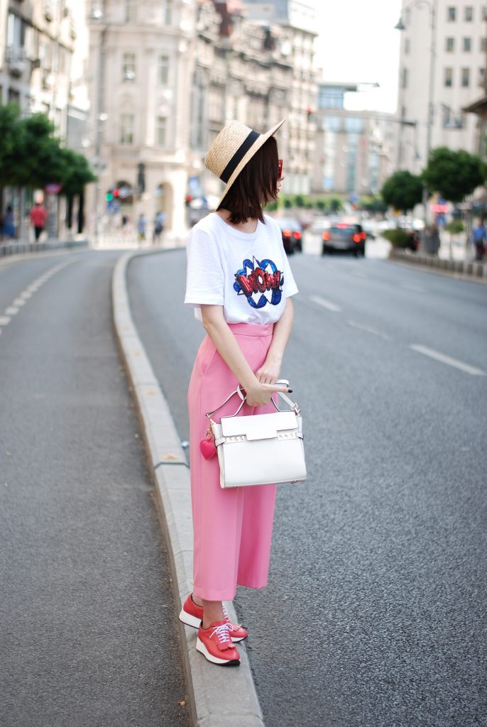 Zara pink palazzo pants, message tshirt, graphic t-shirt, asos, mango, rivers island, topshop printed tee, sequins, nyfw, newy york fashion week, cute street style outfit, boater straw hat, retro red sunglasses, wide black choker, pink leather shoes, white leather crossbody bag, medium tote bag, cute fall outfit ideas 2017, summer color combination, Andreea Birsan, couturezilla, european fashion blog, romanian fashion blogger, how to wear palazzo pants, palazzo trousers, how to wear hot pink, cute summer outfit inspiration, pinterest outfit for women, tumblr girls, ootd, outfit of the day, fashionista, chic on a budget