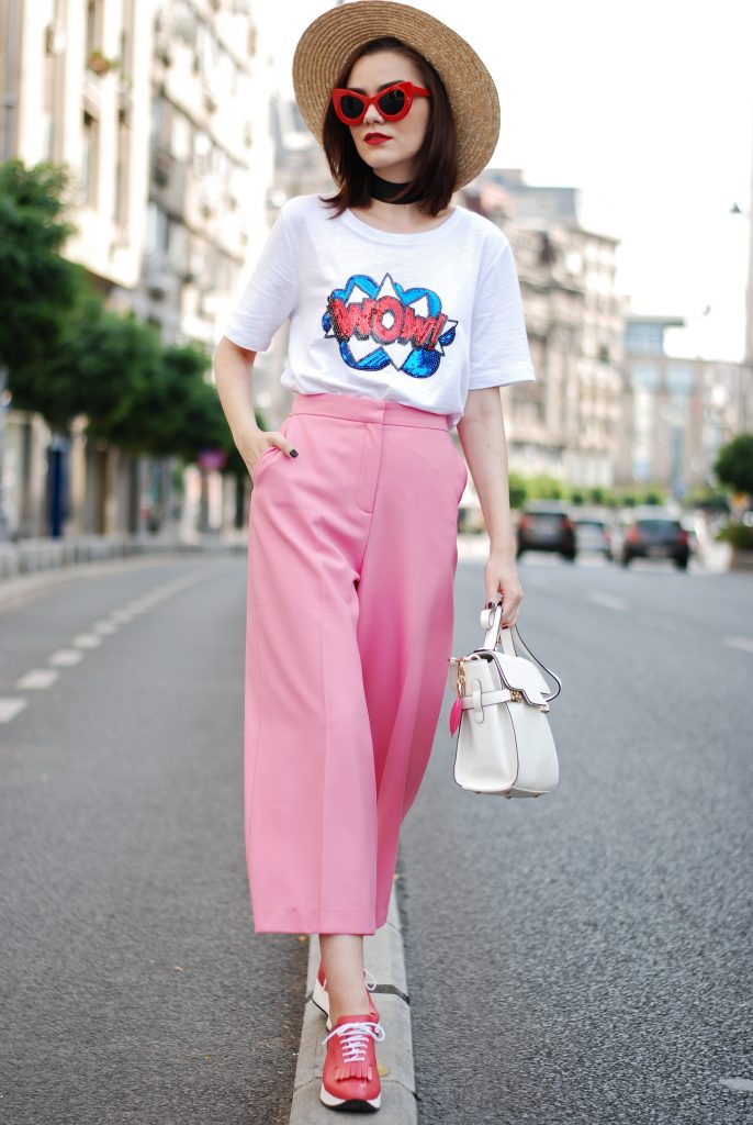 Zara pink palazzo pants, message tshirt, graphic t-shirt, asos, mango, rivers island, topshop printed tee, sequins, nyfw, newy york fashion week, cute street style outfit, boater straw hat, retro red sunglasses, wide black choker, pink leather shoes, white leather crossbody bag, medium tote bag, cute fall outfit ideas 2017, summer color combination, Andreea Birsan, couturezilla, european fashion blog, romanian fashion blogger, how to wear palazzo pants, palazzo trousers, how to wear hot pink, cute summer outfit inspiration, pinterest outfit for women, tumblr girls, ootd, outfit of the day, fashionista, chic on a budget