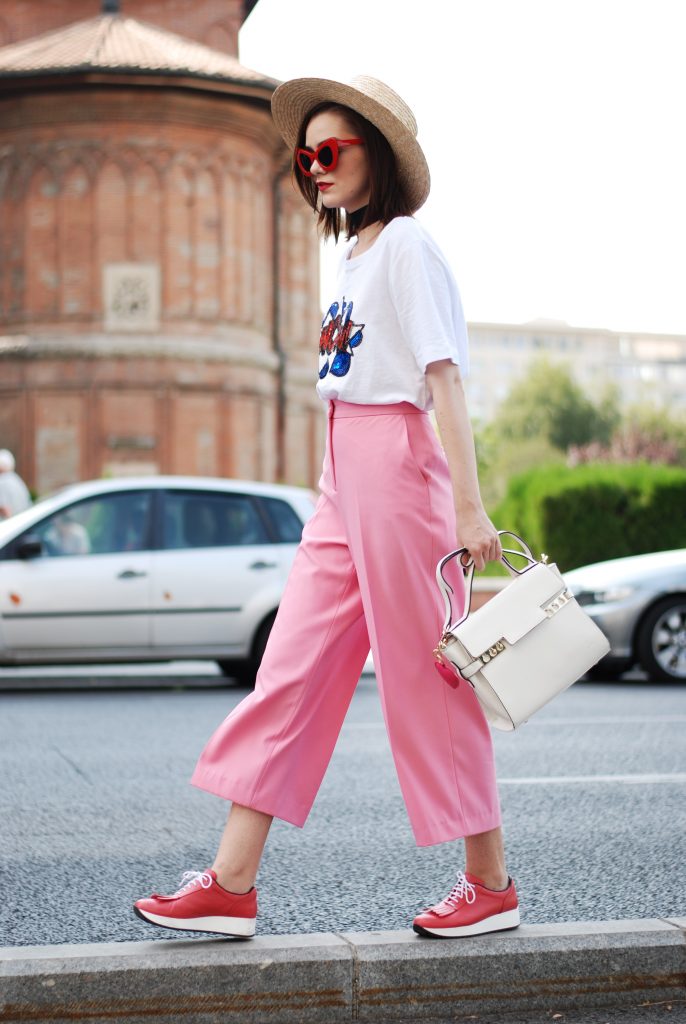 Zara pink palazzo pants, message tshirt, graphic t-shirt, asos, mango, rivers island, topshop printed tee, sequins, nyfw, newy york fashion week, cute street style outfit, boater straw hat, retro red sunglasses, wide black choker, pink leather shoes, white leather crossbody bag, medium tote bag, cute fall outfit ideas 2017, summer color combination, Andreea Birsan, couturezilla, european fashion blog, romanian fashion blogger, how to wear palazzo pants, palazzo trousers, how to wear hot pink, cute summer outfit inspiration, pinterest outfit for women, tumblr girls, ootd, outfit of the day, fashionista, chic on a budget