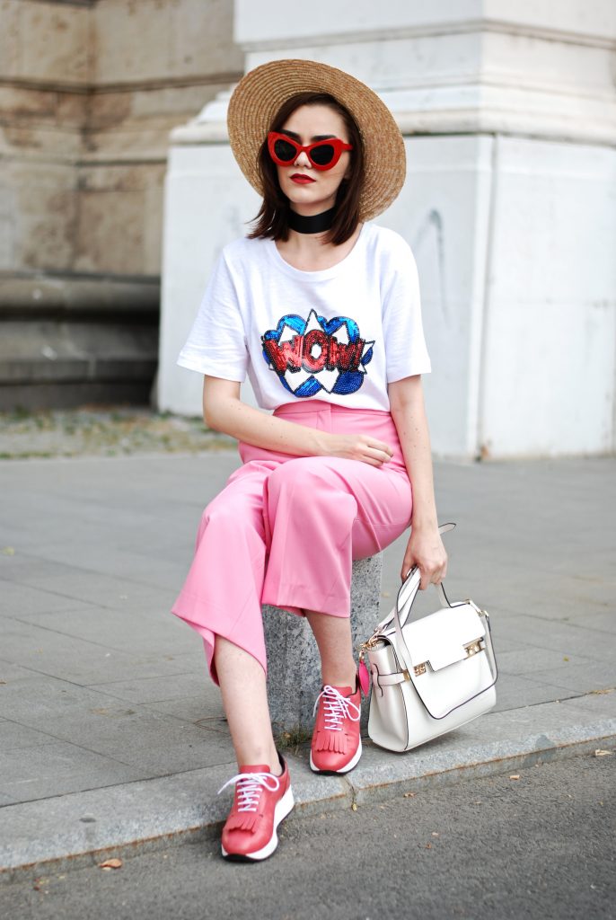 Zara pink palazzo pants, message tshirt, graphic t-shirt, asos, mango, rivers island, topshop printed tee, sequins, nyfw, newy york fashion week, cute street style outfit, boater straw hat, retro red sunglasses, wide black choker, pink leather shoes, white leather crossbody bag, medium tote bag, cute fall outfit ideas 2017, summer color combination, Andreea Birsan, couturezilla, european fashion blog, romanian fashion blogger, how to wear palazzo pants, palazzo trousers, how to wear hot pink, cute summer outfit inspiration, pinterest outfit for women, tumblr girls, ootd, outfit of the day, fashionista, chic on a budget