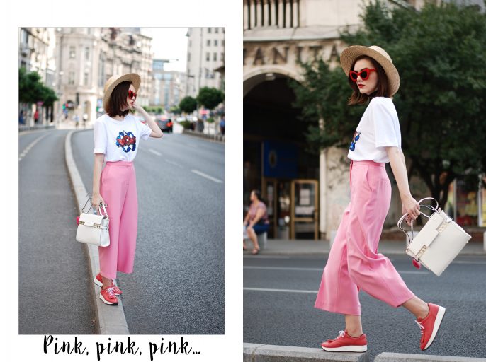 Zara pink palazzo pants, message tshirt, graphic t-shirt, asos, mango, rivers island, topshop printed tee, sequins, nyfw, newy york fashion week, cute street style outfit, boater straw hat, retro red sunglasses, wide black choker, pink leather shoes, white leather crossbody bag, medium tote bag, cute fall outfit ideas 2017, summer color combination, Andreea Birsan, couturezilla, european fashion blog, romanian fashion blogger, how to wear palazzo pants, palazzo trousers, how to wear hot pink, cute summer outfit inspiration, pinterest outfit for women, tumblr girls, ootd, outfit of the day, fashionista, chic on a budget