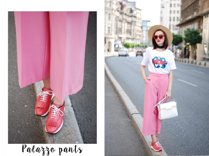 Zara pink palazzo pants, message tshirt, graphic t-shirt, asos, mango, rivers island, topshop printed tee, sequins, nyfw, newy york fashion week, cute street style outfit, boater straw hat, retro red sunglasses, wide black choker, pink leather shoes, white leather crossbody bag, medium tote bag, cute fall outfit ideas 2017, summer color combination, Andreea Birsan, couturezilla, european fashion blog, romanian fashion blogger, how to wear palazzo pants, palazzo trousers, how to wear hot pink, cute summer outfit inspiration, pinterest outfit for women, tumblr girls, ootd, outfit of the day, fashionista, chic on a budget