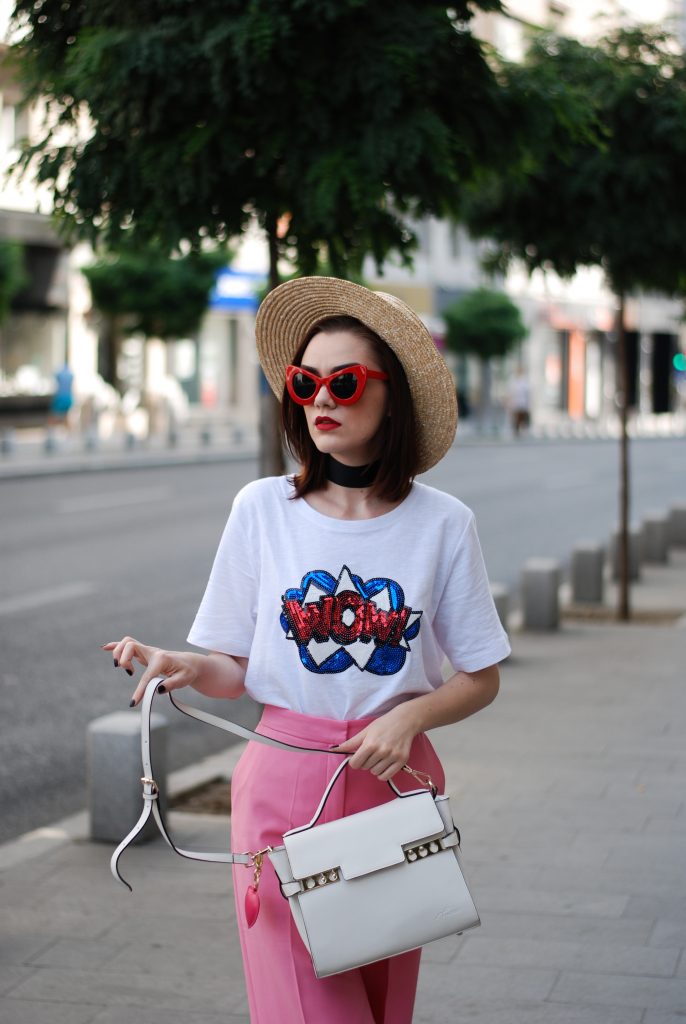 Zara pink palazzo pants, message tshirt, graphic t-shirt, asos, mango, rivers island, topshop printed tee, sequins, nyfw, newy york fashion week, cute street style outfit, boater straw hat, retro red sunglasses, wide black choker, pink leather shoes, white leather crossbody bag, medium tote bag, cute fall outfit ideas 2017, summer color combination, Andreea Birsan, couturezilla, european fashion blog, romanian fashion blogger, how to wear palazzo pants, palazzo trousers, how to wear hot pink, cute summer outfit inspiration, pinterest outfit for women, tumblr girls, ootd, outfit of the day, fashionista, chic on a budget