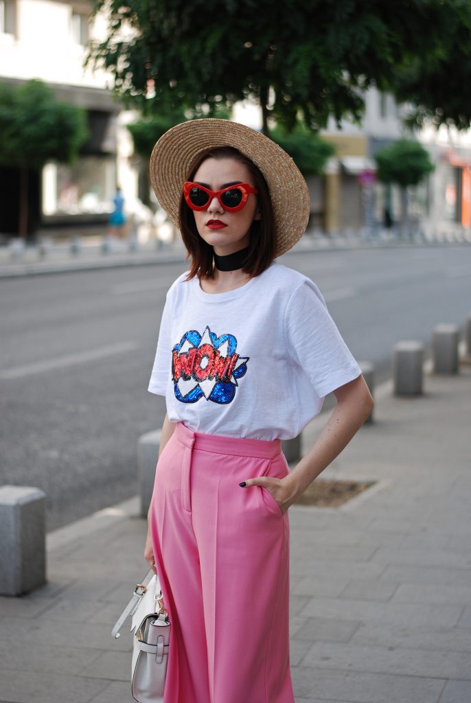 Zara pink palazzo pants, message tshirt, graphic t-shirt, asos, mango, rivers island, topshop printed tee, sequins, nyfw, newy york fashion week, cute street style outfit, boater straw hat, retro red sunglasses, wide black choker, pink leather shoes, white leather crossbody bag, medium tote bag, cute fall outfit ideas 2017, summer color combination, Andreea Birsan, couturezilla, european fashion blog, romanian fashion blogger, how to wear palazzo pants, palazzo trousers, how to wear hot pink, cute summer outfit inspiration, pinterest outfit for women, tumblr girls, ootd, outfit of the day, fashionista, chic on a budget