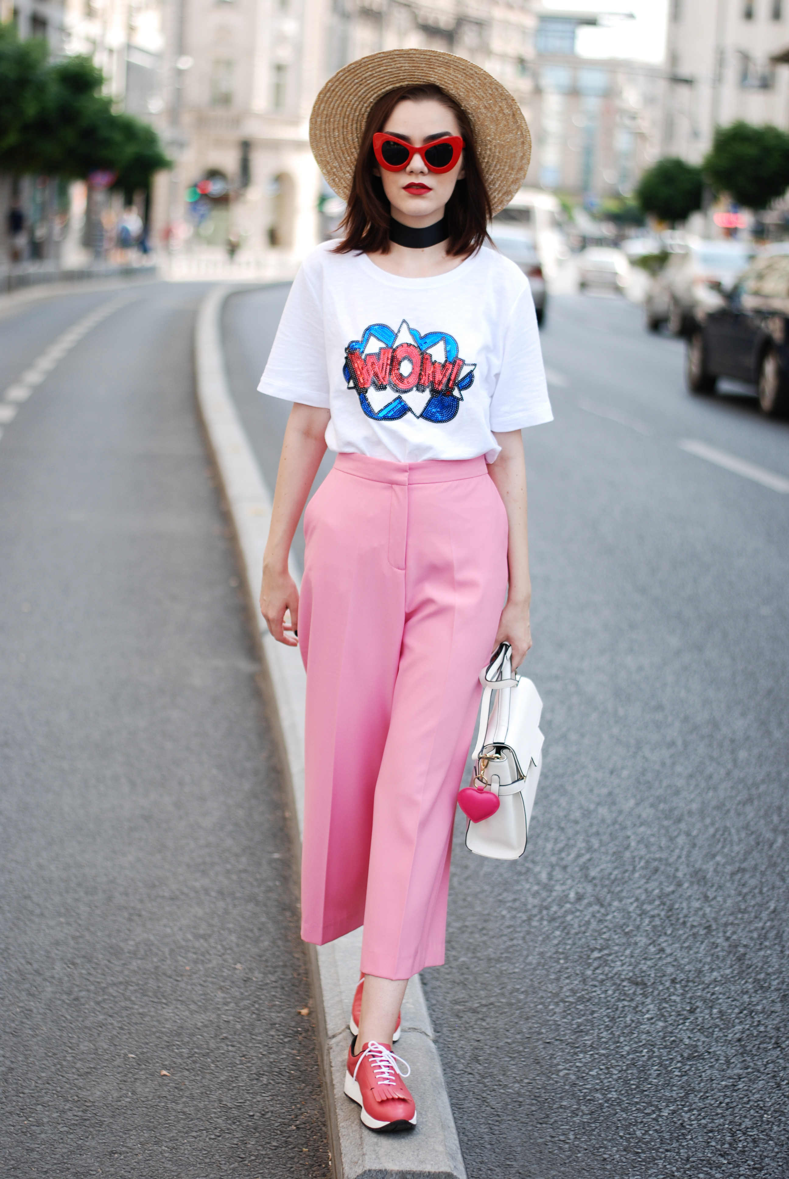 Pink palazzo pants, message tshirt, straw hat, red sunglasses, choker, pink shoes, white crossbody bag, cute fall outfit, Andreea Birsan