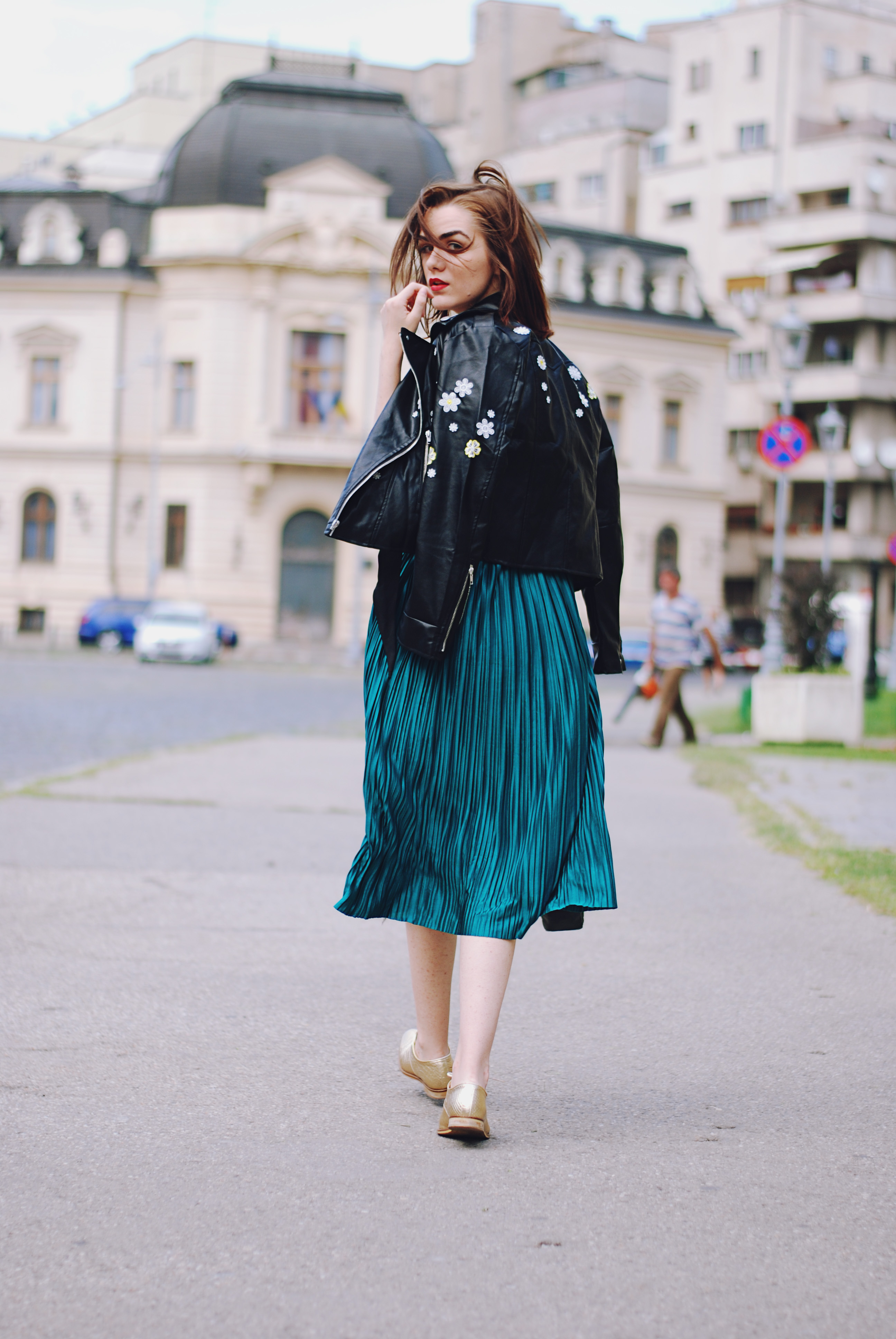 Pleated emerald green midi skirt, black cami, skinny scarf, embroidered leather jacket, gold metallic shoes, crossbody bag, fall outfit, Andreea Birsan