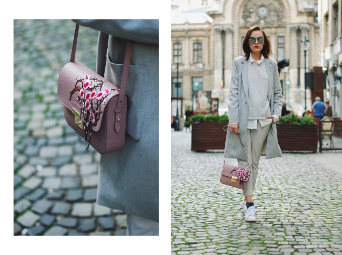 White shirt, grey pants trousers, grey sweater, grey coat, white sneakers, glitter socks, floral crossbody bag, all grey outfit for fall, Andreea Birsan