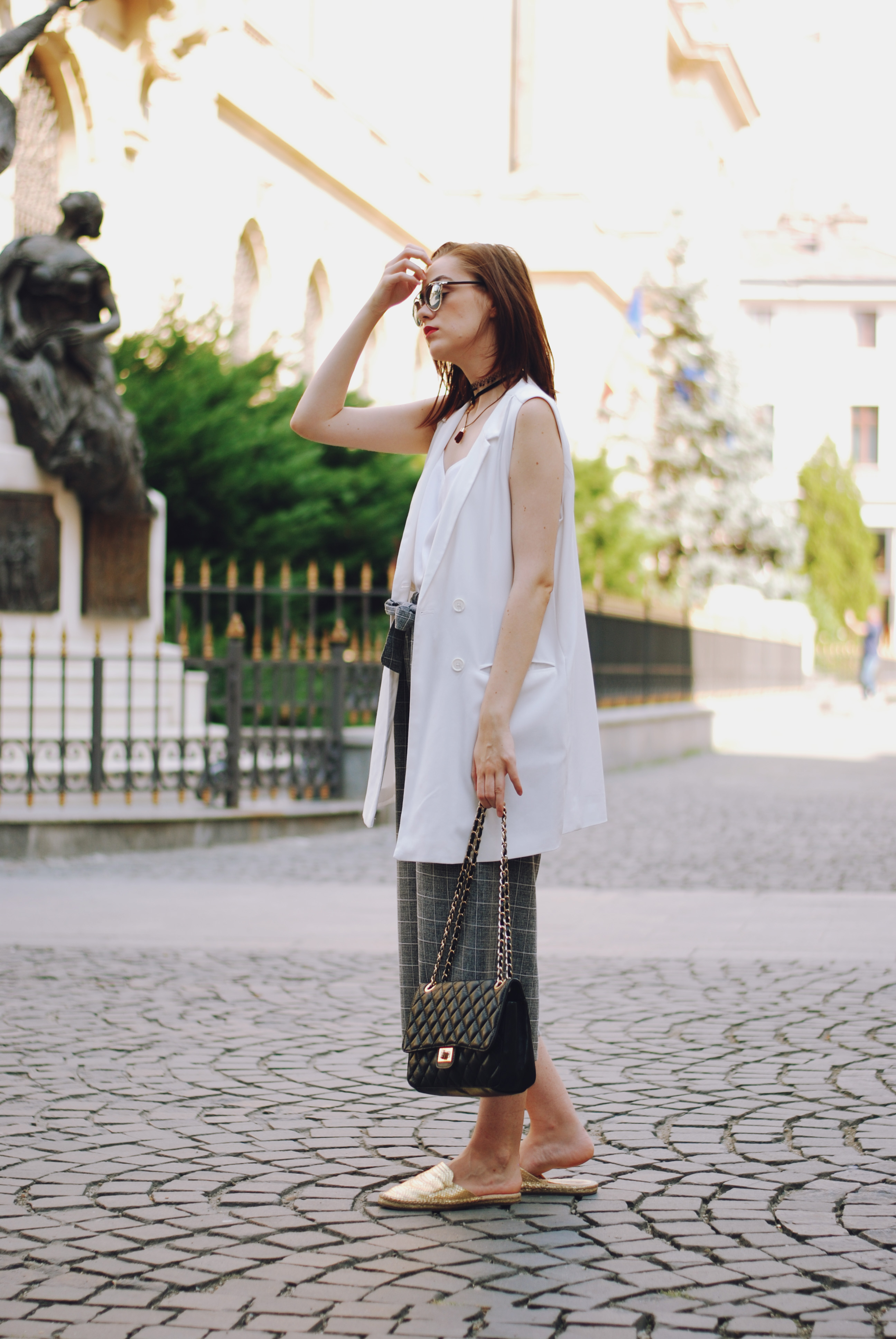 White waistcoat vest, grey culottes, white camis, dior sunglasses, black crossbody bag, choker, gold metallic mules, cute summer outfit, Andreea Birsan