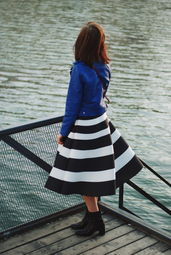 Blue leather jacket, white contrast top, cat eye sunglasses, striped midi skirt, zara leather ankle boots, red crossbody bag, scarf, cute best fall outfit idea, Andreea Birsan