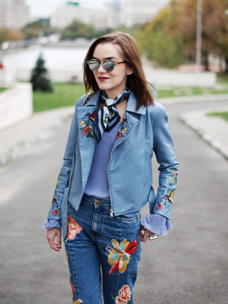 Embroidered leather jacket, bell sleeve top, embroidered jeans, beige suede pumps, crossbody bag, scarf, cute fall outfit idea, Andreea Birsan