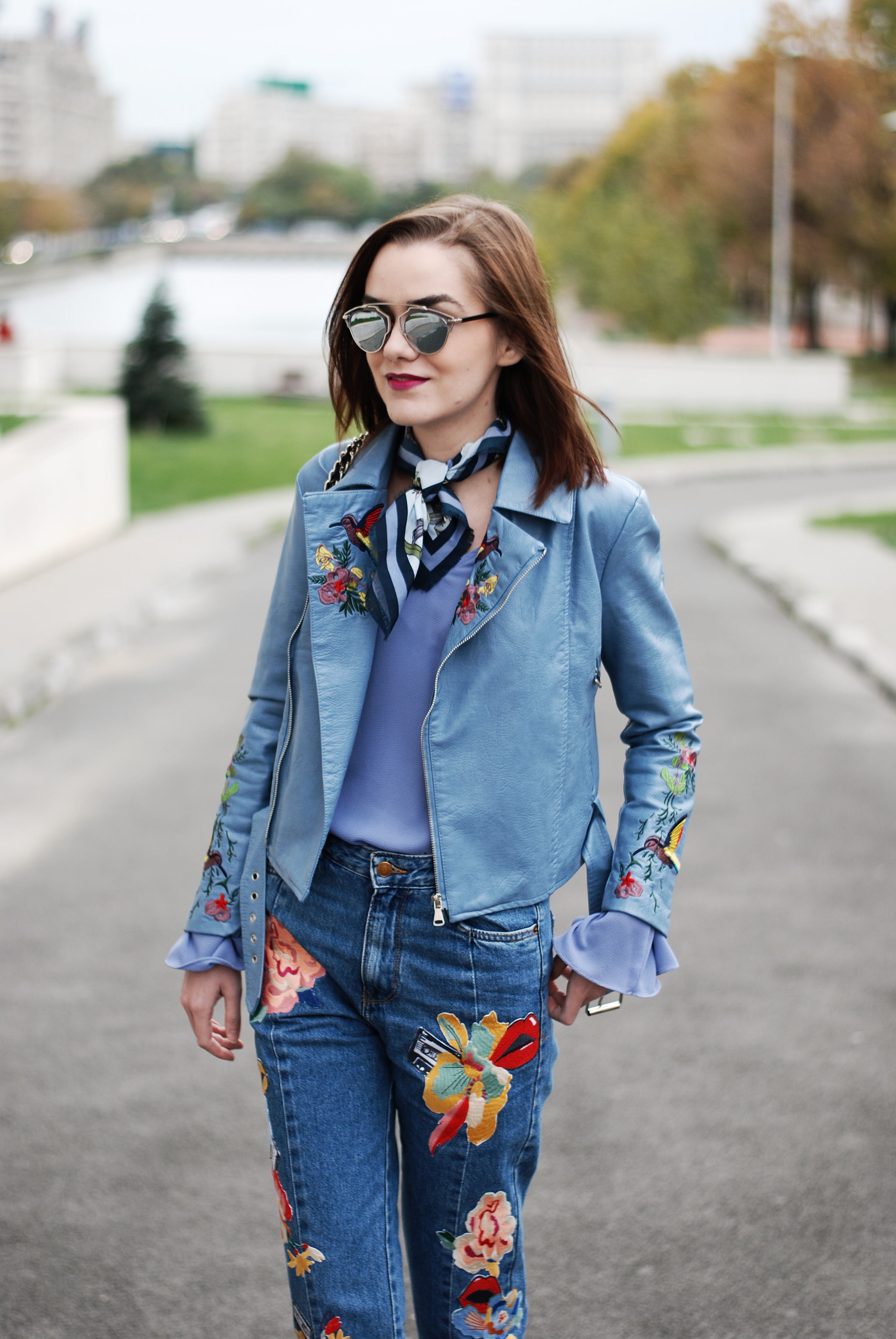 Embroidered leather jacket, bell sleeve top, embroidered jeans, beige suede pumps, crossbody bag, scarf, cute fall outfit idea, Andreea Birsan