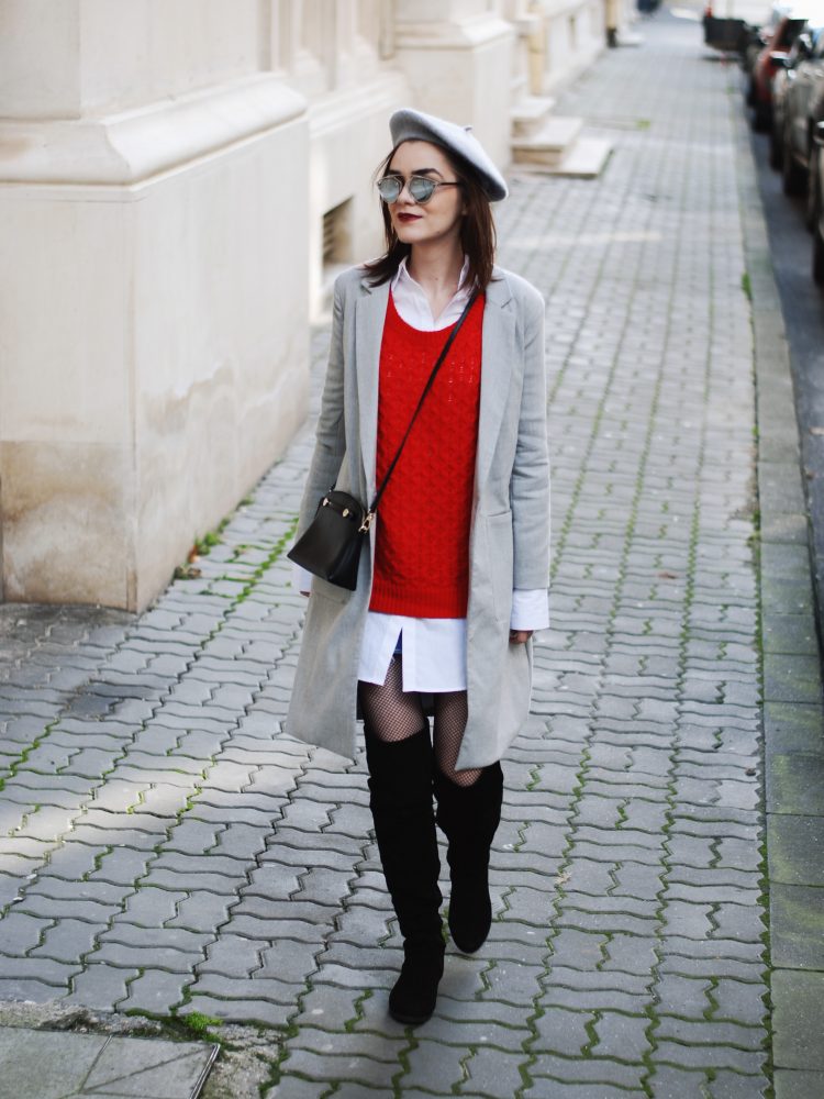 Grey beret, grey coat, red sweater knit, fishnet tights trend, christian dior so real mirrored sunglasses, distressed mini denim skirt, black suede over the knee boots, otk, zara, furla black leather crossbody bag, couturezilla, andreea birsan, casual cute fall outfit ideas 2016, white button down shirt