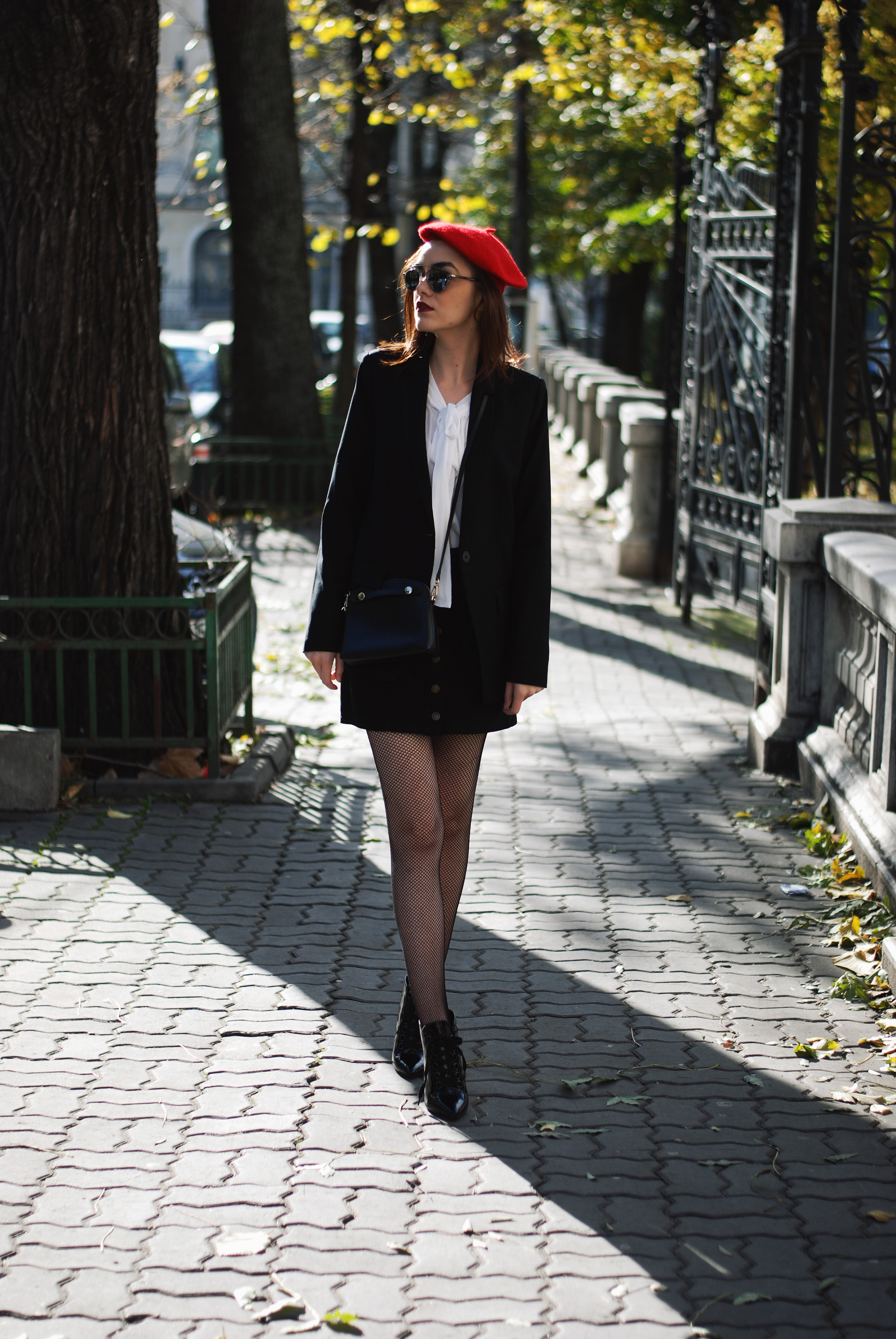 pointy toe ankle boots zara, black button front mini denim skirt, pussy bow blouse, blazer mango, fishnet tights, furla crossbody bag, red beret, cute and casual fall outfit ideas 2016, couturezilla, andreea birsan, christian dior so real mirrored sunglasses